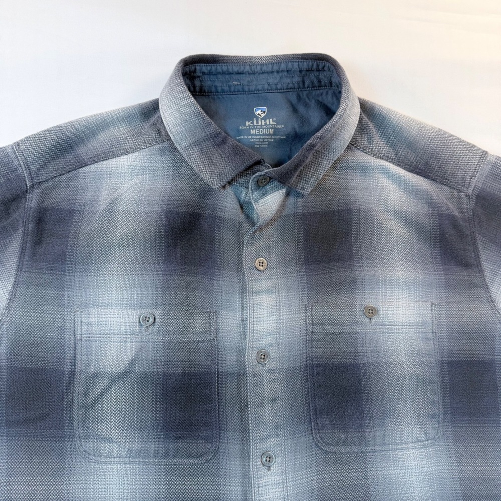 Kuhl 24F Plaid Flannel Shirt Mens Medium Blue Gray Outdoor Hiking Button Up